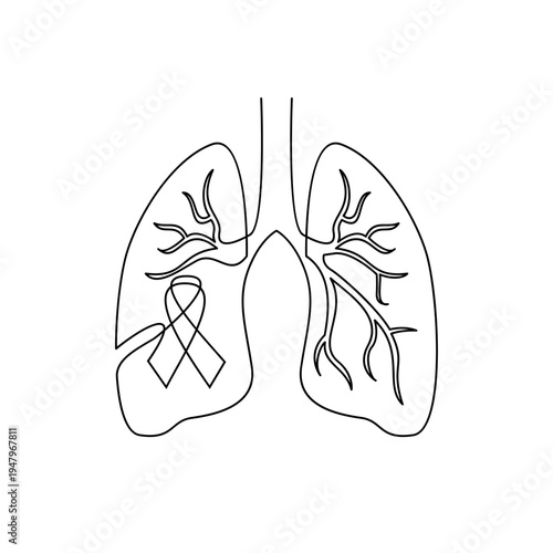 Continuous One Line Drawing of Human Lungs with Cancer Awareness Ribbon