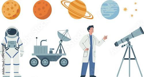 Astronaut space rover scientist and planets with stars mars saturn