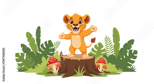 Adorable baby lion cub stands cheerfully on a tree stump in the middle of a lush jungle with ferns and red mushrooms.