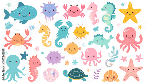 Cute Cartoon Sea Animals Flat Vector Illustration Set Isolated on White Background