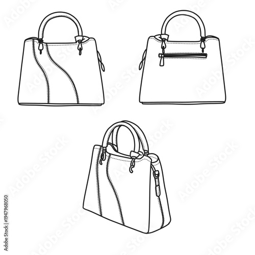 Set of Handbag Illustrations in Different Views.