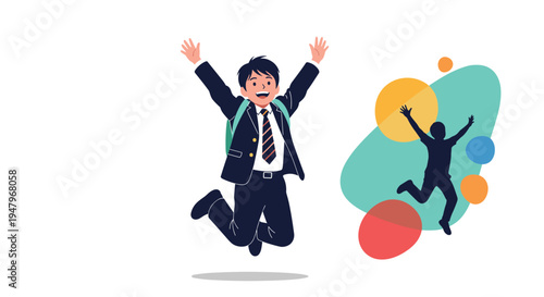Happy Japanese schoolboy in uniform jumps high for joy while a silhouette of a child playing is shown in the background.