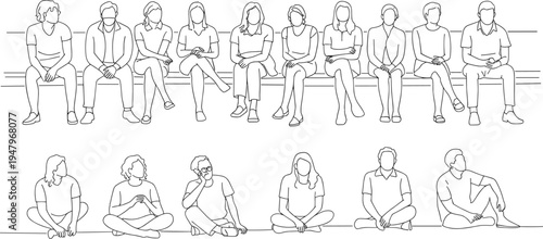Minimal line art people sitting characters group waiting bench floor lifestyle outline illustration 