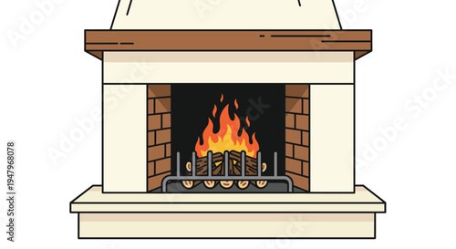 Warm and cozy indoor fireplace with bright orange flames burning wooden logs inside a brick-lined hearth with a mantel.