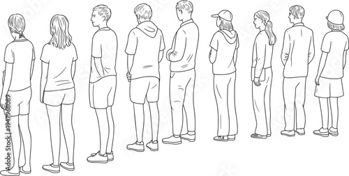 Minimal line art people standing back view characters casual lifestyle outline illustration set