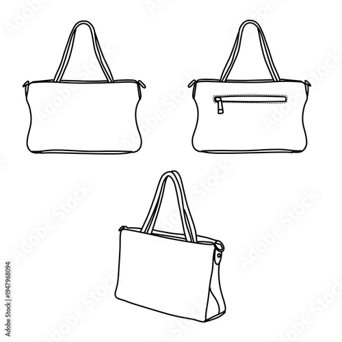 Fashionable Handbag Set Multiple Views Line Art.