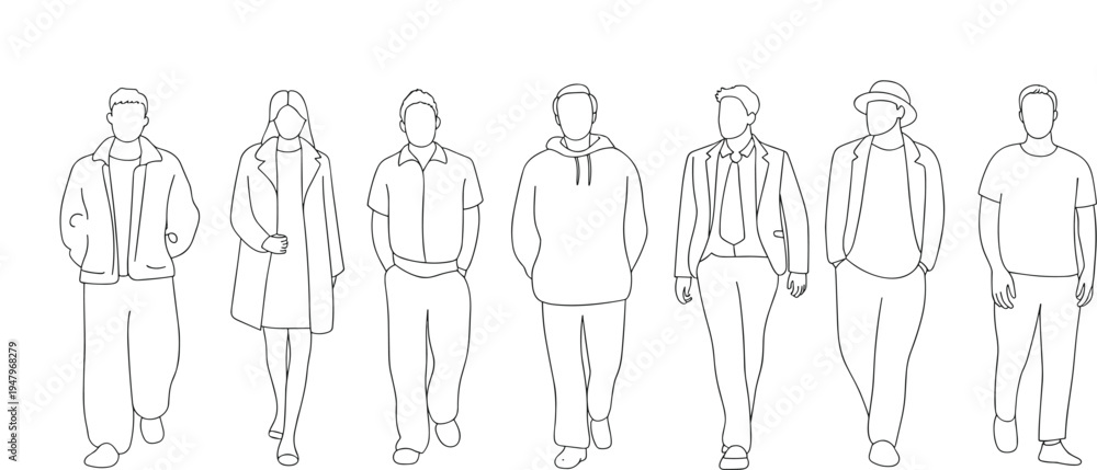 Fototapeta premium People walking characters casual and business outfits minimal line art modern lifestyle outline illustration set