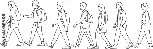 Minimal line art walking people side view characters with backpacks urban lifestyle outline illustration 