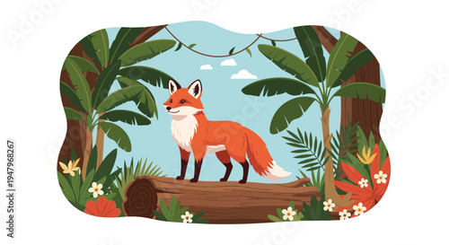 Beautiful red fox stands on a fallen log in a dense tropical jungle clearing with banana trees and exotic flowers.