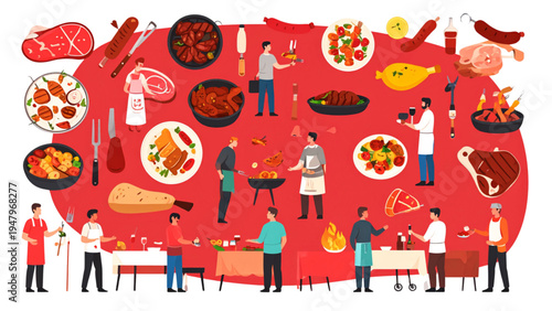 Various Meat Cuts Sausage Steak Chicken and Kebab Flat Vector Food Illustration Set