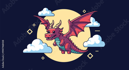 Friendly red dragon in pixel art style flies through a starry night sky with a large yellow moon and white clouds.