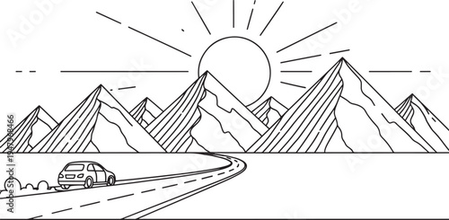 A black and white drawing of a car driving on a road