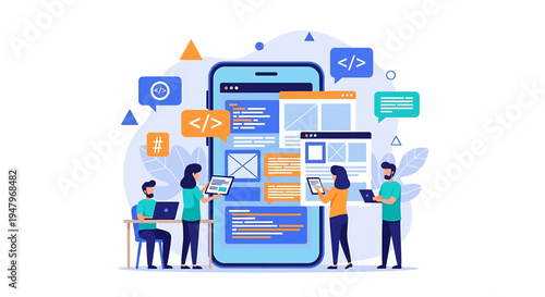Flat Design Vector Illustration of Programmers Developing Mobile App with Collaborative Coding Icons in Digital Workspace