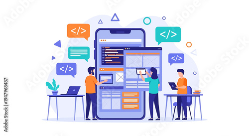 Flat Illustration of Three Coders Collaborating in a Modern Office with Programming Symbols and Tech Icons