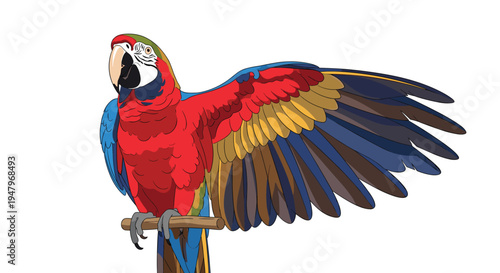 Stunning scarlet macaw parrot with vibrant red, yellow, and blue feathers perched on a branch with its wing outstretched.