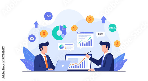 Flat Illustration Business Team Financial Analysis Discussion Laptop Charts Graphs Collaboration Professional Setting