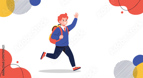 Happy schoolboy with red hair and a blue sweater runs excitedly to school while wearing a bright orange backpack.