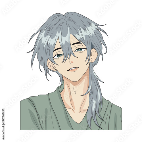 A sticker design depicted An illustration of a young man with long, messy light-colored hair and earrings, drawn in a modern anime style. 