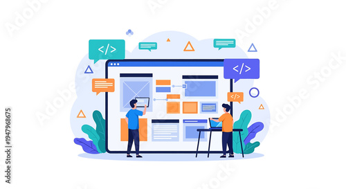 Collaborative Website Design Illustration with Two Individuals and Monitor Featuring Coding Symbols in Dynamic Digital Workspace