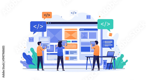 Collaborative_web_development_team_working_at_modern_workspace_with_coding_screens_technology_tools_and_digital_concepts_flat_stylized_illustration