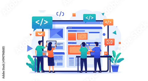 Modern Illustration of Four Coders Collaborating on a Code Screen with Plants and Dynamic Coding Symbols in a Creative Tech Workspace