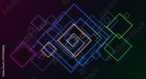Neon geometric shapes overlapping on dark background abstract design with glowing squares and rectangles in blue green purple and yellow hues technology and digital art concept