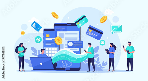 Vibrant illustration of five people managing budget with smartphone, laptop and digital tools in a modern collaborative workspace