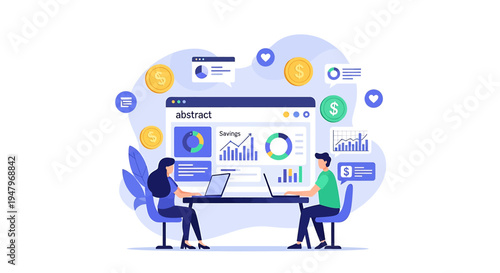 Two professionals collaborating on laptops surrounded by digital elements including graphs charts and visuals in a modern work environment