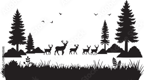 Deer in a forest clearing surrounded by pine trees and grassy terrain with birds flying overhead