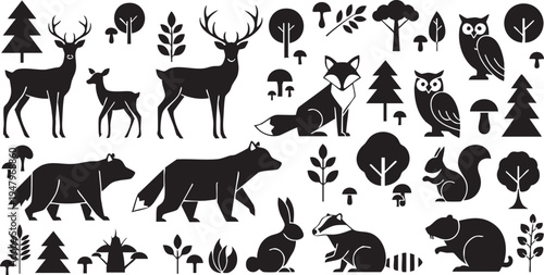 Black silhouettes of forest animals and trees on white background