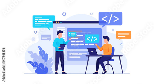 Vibrant digital illustration of two men collaborating on code in modern workspace surrounded by coding symbols and tech elements
