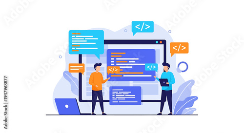 Two individuals collaborating in a vibrant digital workspace with coding discussion elements on a modern computer setup illustrating dynamic tech communication