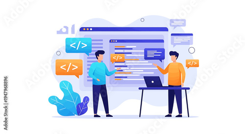 Two men collaborating on coding surrounded by code symbols and a cactus in a vibrant tech office illustration