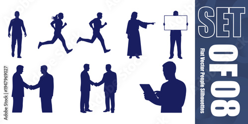 Set of professional flat vector silhouettes of people performing various actions