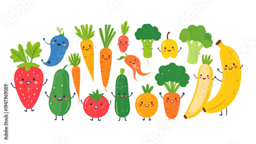Cute Kawaii Fruits Berries and Vegetables Characters Flat Vector Illustration Set