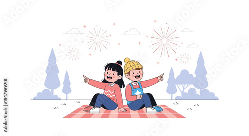 Children watching fireworks on a picnic blanket, pointing at the sky, celebrating outdoors