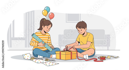 Children Wrapping Gifts for Birthday Party Celebration