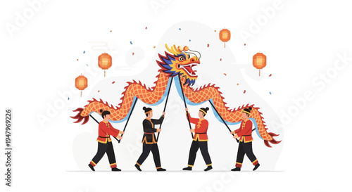 Chinese Dragon Dance Festival Celebration with Performers and Lanterns