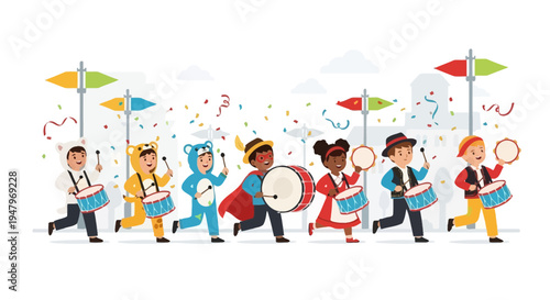Children's parade with drums and costumes, celebrating a festive event with confetti
