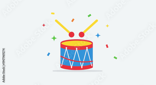 Colorful Drum with Drumsticks and Confetti, Celebration and Music Concept