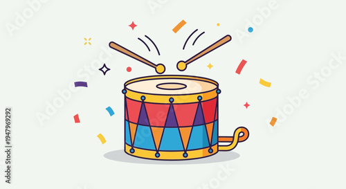 Colorful Toy Drum with Drumsticks and Confetti, Festive Celebration