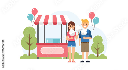 Couple Enjoying Cotton Candy at Outdoor Fair Booth with Balloons and Trees