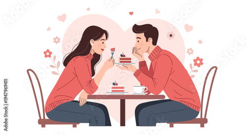 Couple Enjoying Romantic Date with Cake and Coffee at Cafe