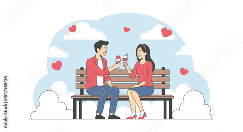 Couple Enjoying Ice Cream on Park Bench, Romantic Date, Hearts and Clouds Background