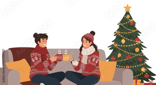 Couple enjoying hot drinks by Christmas tree, cozy winter holidays at home