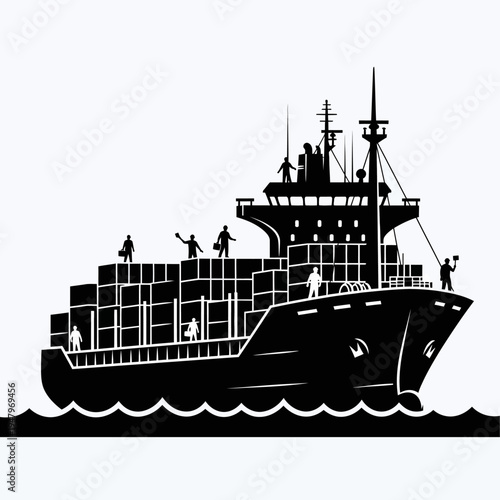 Large cargo ship with stacked containers.