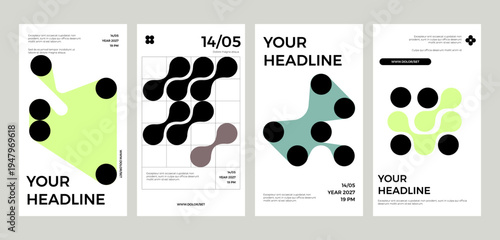 Collection of minimalist posters with geometric backgrounds and clean typography. Versatile vector patterns ideal for posters, labels, and backgrounds, ensuring excellent text readability.