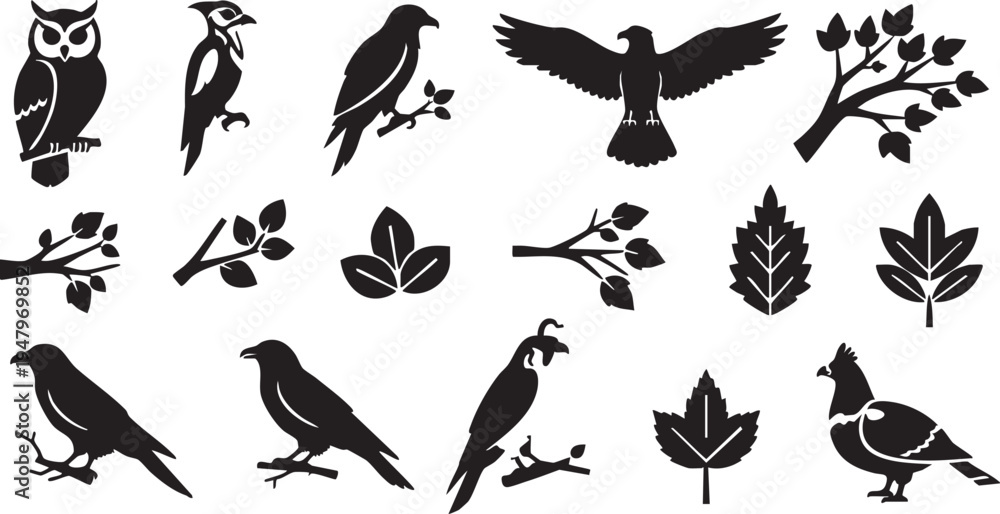Fototapeta premium Black silhouettes of birds and various leaves on a white background