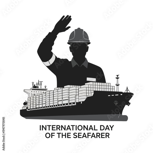 Seafarer in hard hat waving hand.