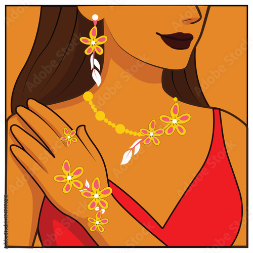Hand drawn beautiful girl wear flower shape jewelry digital illustration, vector illustration 